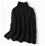 High Neck Thickened Hollow Crochet Loose Knitted Pullover Sweater - Black