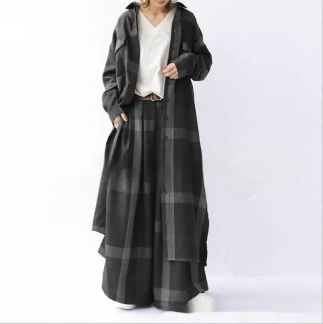 Elegant Plaid Long sleeved Cardigan Wide leg Pants Two piece Set Black And Gray - Shop at LoveMi