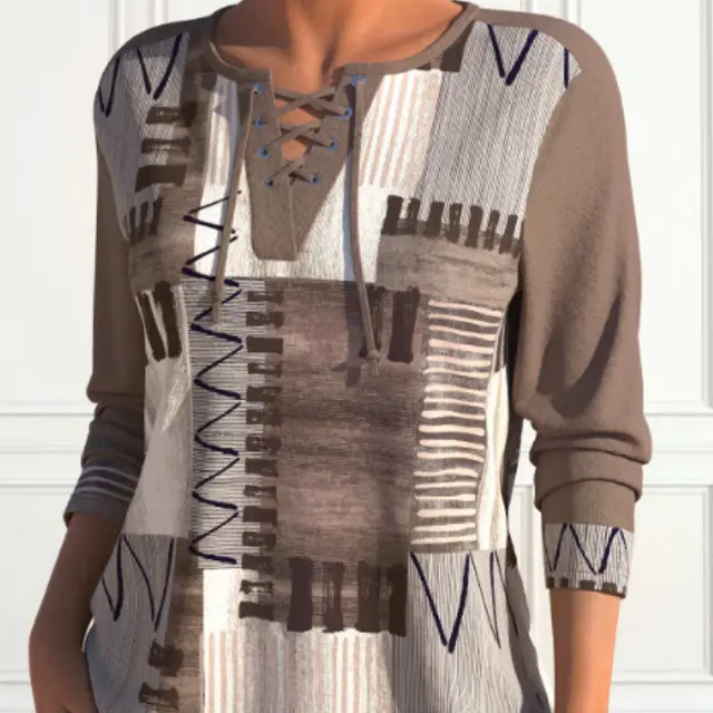 Lace Printing Light Brown Color Split Collar T shirt Camel - Shop at LoveMi