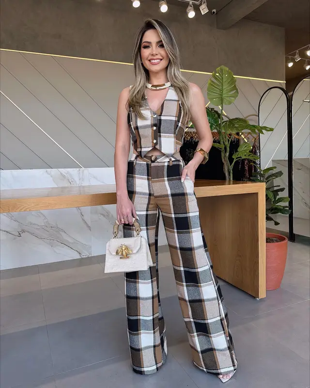 Plaid Sleeveless Vest Suit Straight leg Pants Khaki - Shop at LoveMi