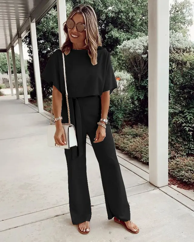Women's Loose Casual Short sleeved Lace up Jumpsuit Black - Shop at LoveMi