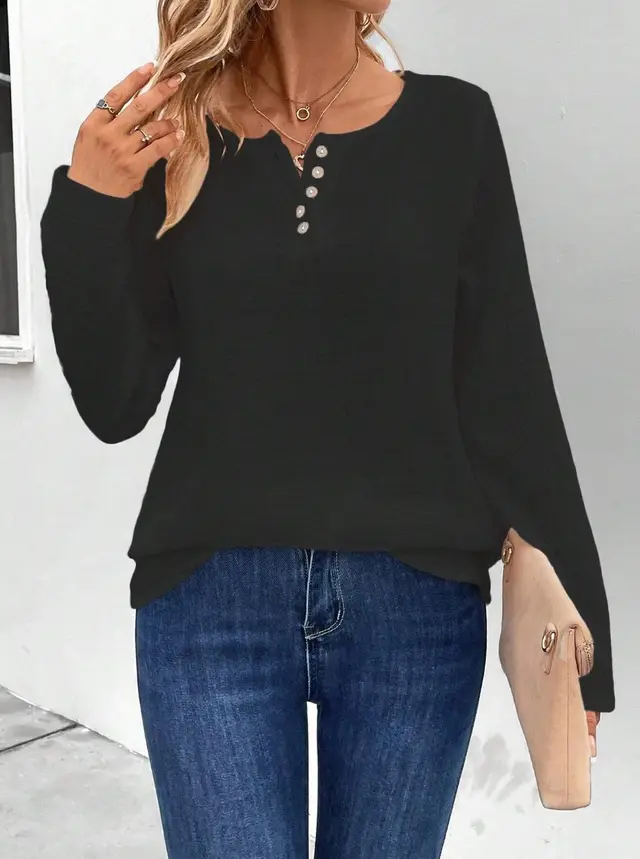 Women's Comfortable Long Sleeve Button Pullover Top Black - Shop at LoveMi