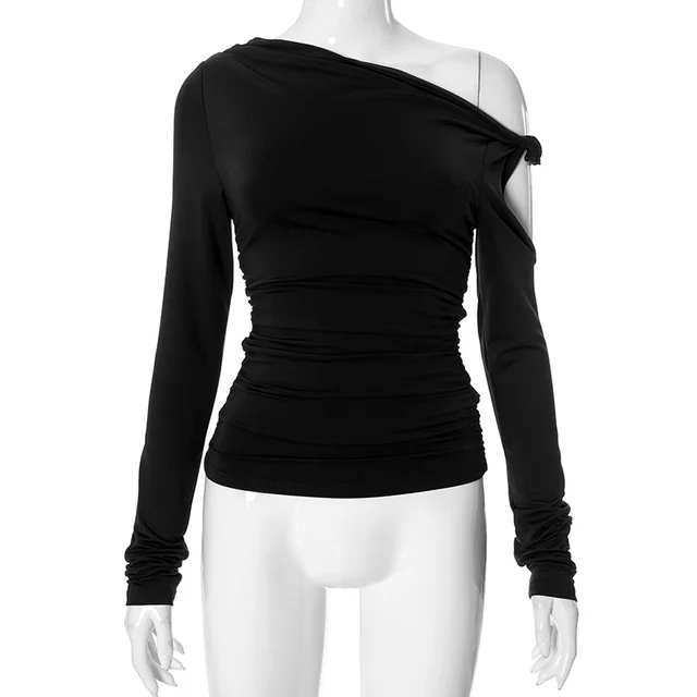 Diagonal Collar Pleated Asymmetric Long sleeved Top Black - Shop at LoveMi