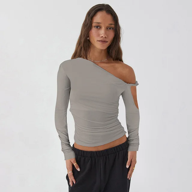 Diagonal Collar Pleated Asymmetric Long sleeved Top Gray - Shop at LoveMi