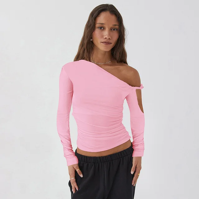 Diagonal Collar Pleated Asymmetric Long sleeved Top Pink - Shop at LoveMi