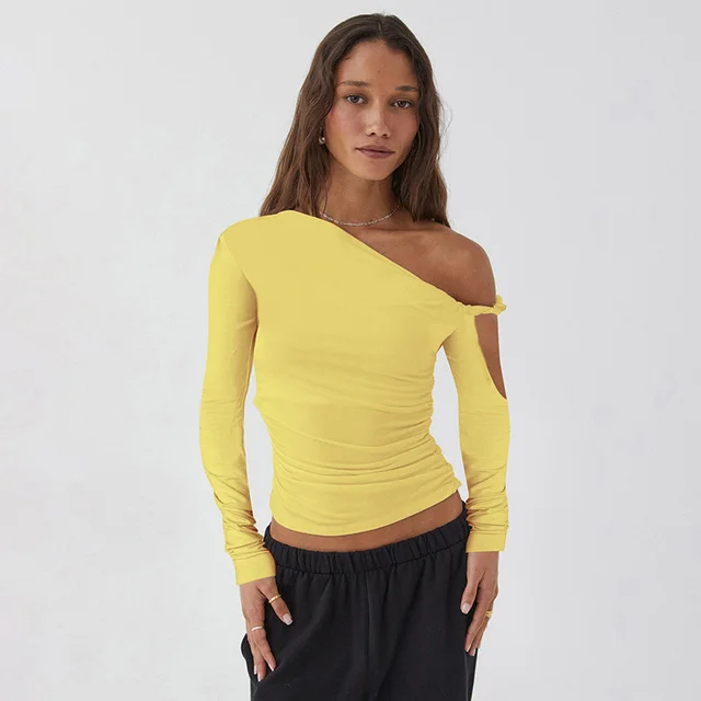 Diagonal Collar Pleated Asymmetric Long sleeved Top Yellow - Shop at LoveMi