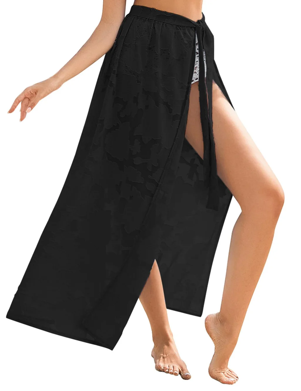 Sarong Transparent Floral Swimsuit Overskirt - Black