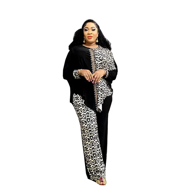 Loose Leopard Print Color Matching Rhinestone Top Trousers Suit Black - Shop at LoveMi