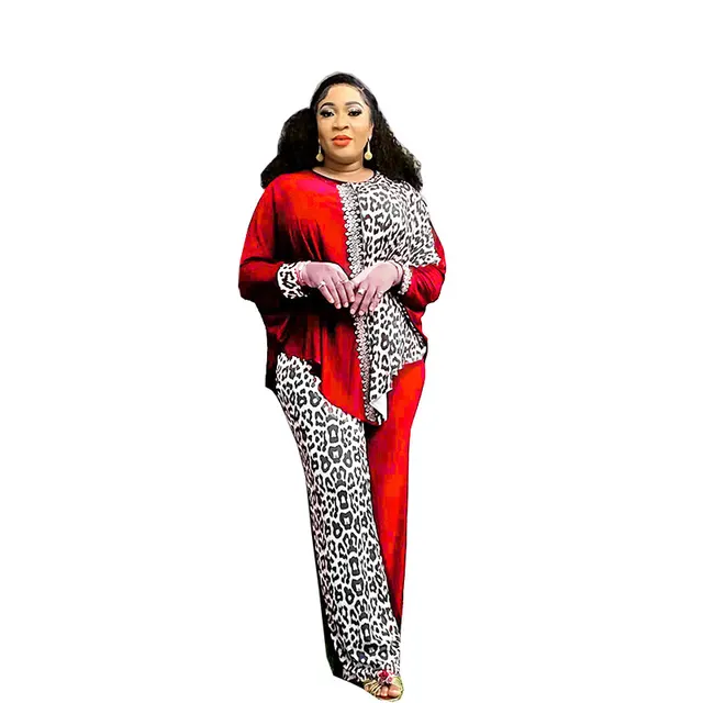 Loose Leopard Print Color Matching Rhinestone Top Trousers Suit Red - Shop at LoveMi