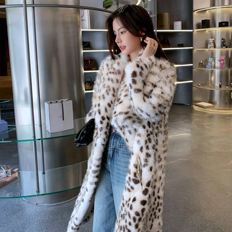 Korean Weaving Lapel Ruffled Fur Trench Coat Leopard Print - Shop at LoveMi