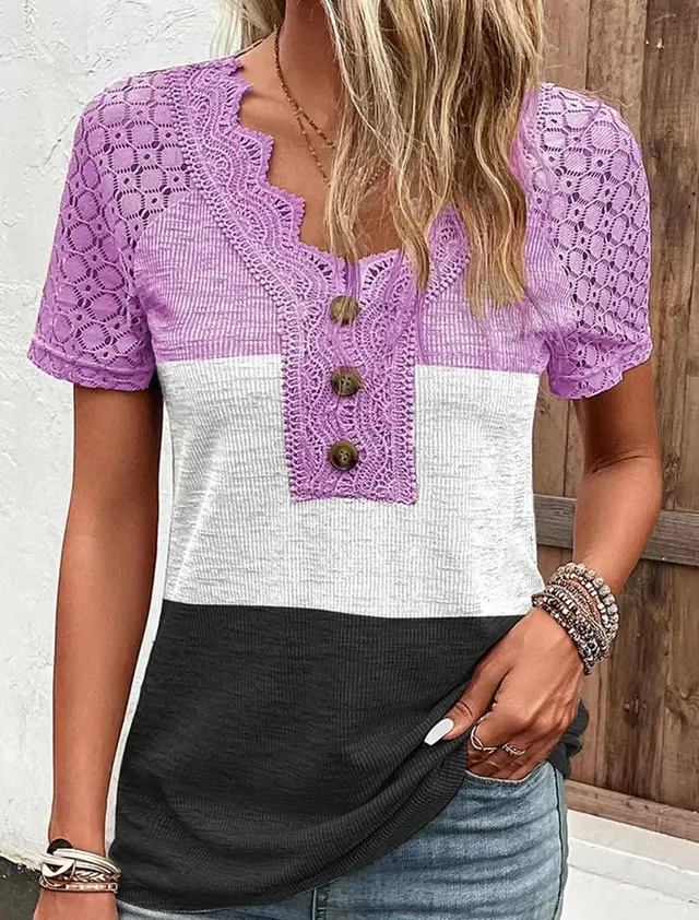 Women's Casual Lace Patchwork Short sleeved T shirt Violet - Shop at LoveMi