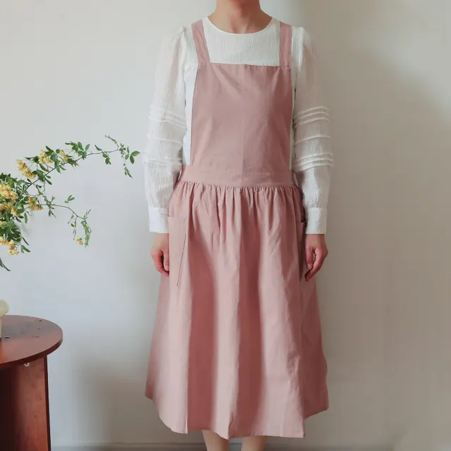 Women's Household Anti fouling Cotton Solid Color Pleated Apron Pink - Shop at LoveMi