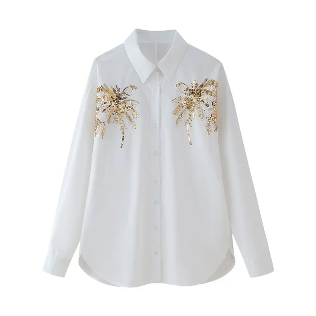 Women's Solid Color Polo Collar Single breasted Long Sleeve Shirt White - Shop at LoveMi