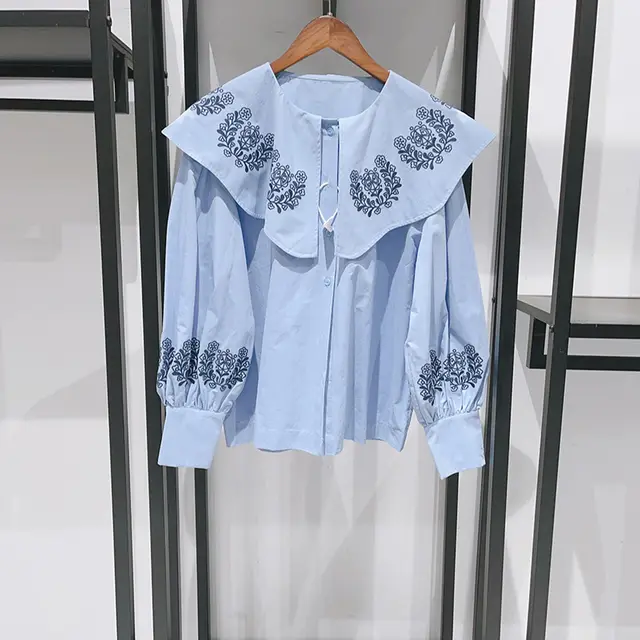 Floral Embroidered Large Lapel Puff Sleeve Girl Blouse Blue - Shop at LoveMi