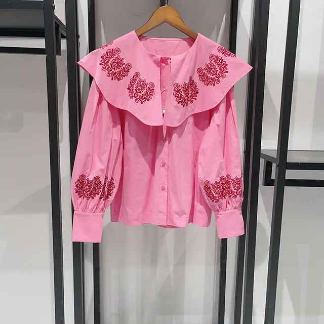 Floral Embroidered Large Lapel Puff Sleeve Girl Blouse Pink - Shop at LoveMi
