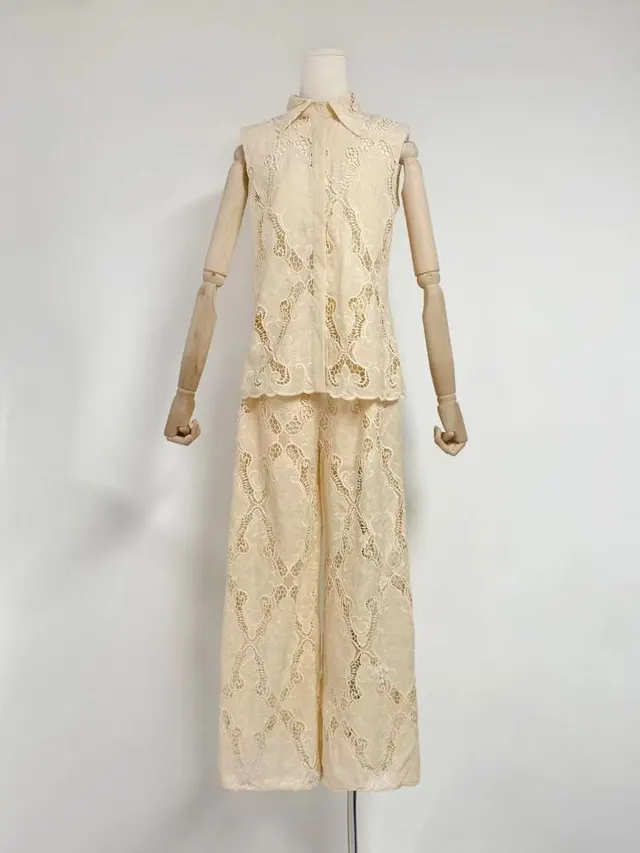 Seaside Vacation Style Lapel Sleeveless Embroidered Polo Top Apricot - Shop at LoveMi