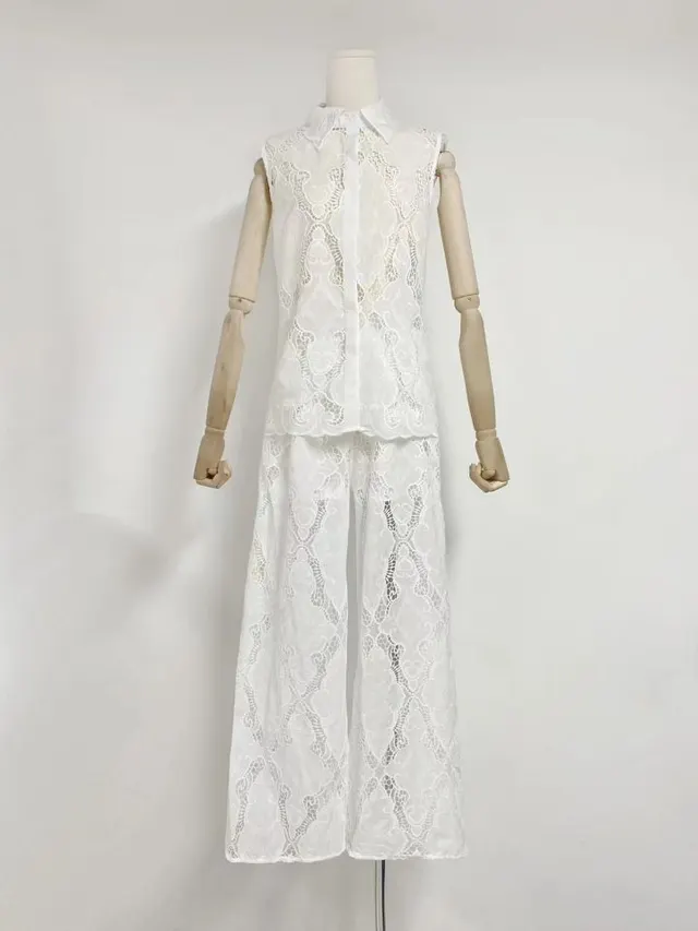 Seaside Vacation Style Lapel Sleeveless Embroidered Polo Top White - Shop at LoveMi