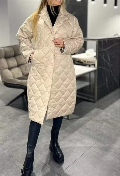 Winter Rhombus Stitching Coat Warm Solid Color Pocket Lapel Long Jacket Women's Clothing Apricot - Shop at LoveMi