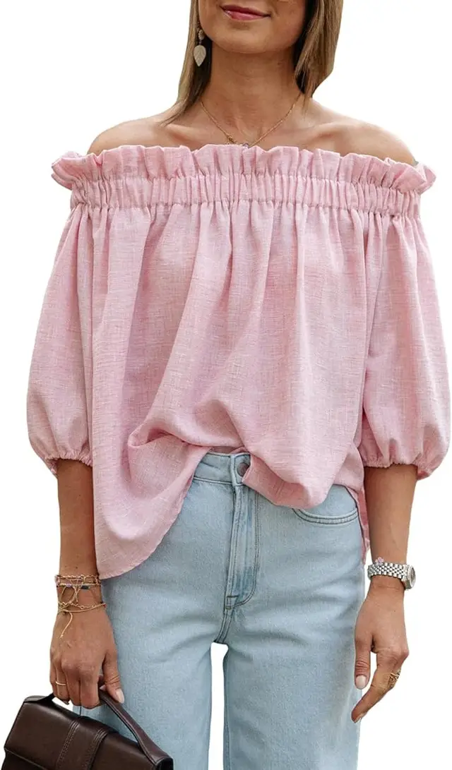 Women's Puff Sleeve Loose Elegant Casual Top Lotus Root Color - Shop at LoveMi