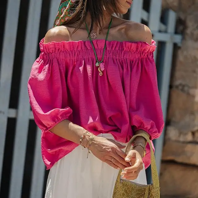 Women's Puff Sleeve Loose Elegant Casual Top Rose Red - Shop at LoveMi