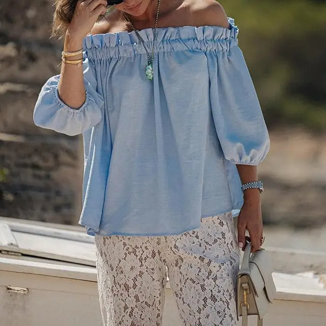 Women's Puff Sleeve Loose Elegant Casual Top Sky Blue - Shop at LoveMi