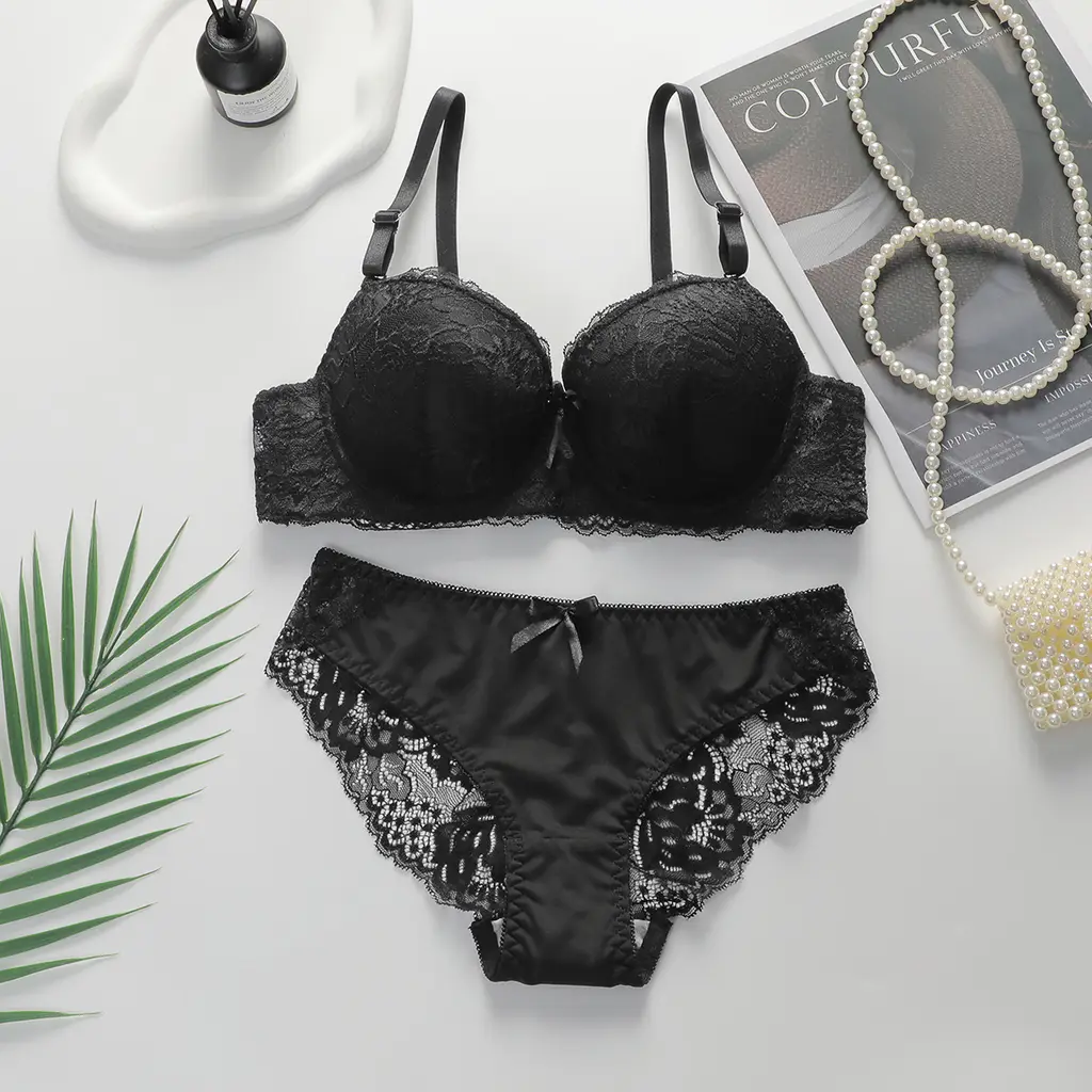 Sexy Gathered Steel Ring Lace Underwear Bra Set - A2155 Black