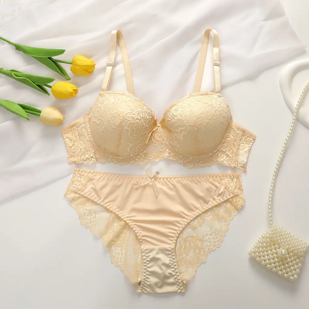 Sexy Gathered Steel Ring Lace Underwear Bra Set - A2155 Skin Color - View 1