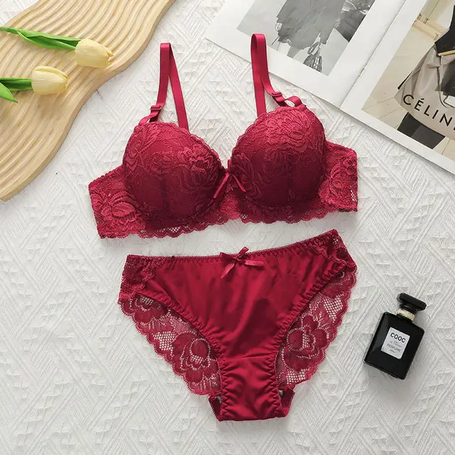 Sexy Gathered Steel Ring Lace Underwear Bra Set A2155 Wine Red - Shop at LoveMi
