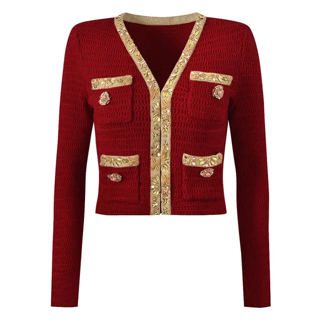 Fashionable Knitted Sequin Bead Tup Cardigan Coat Package Hip Skirt Red Top - Shop at LoveMi