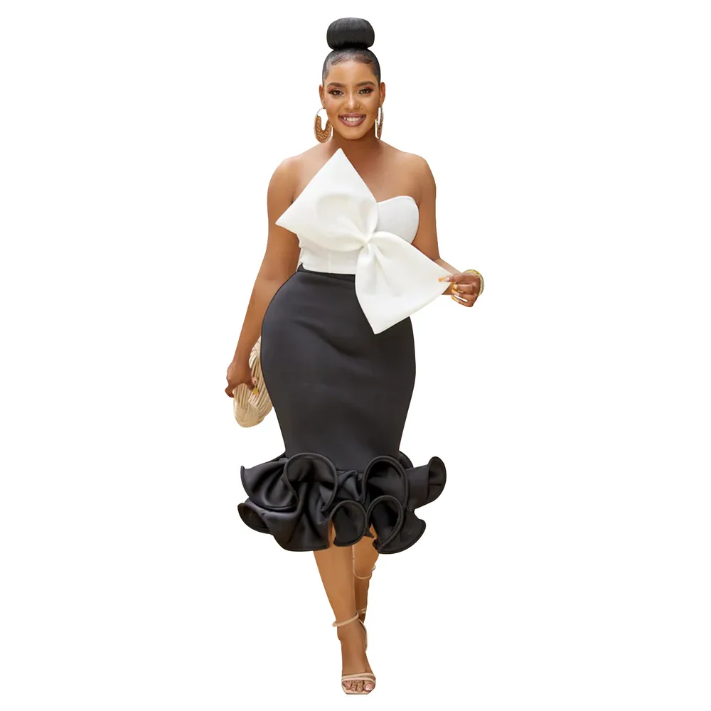 Women's Wear Sleeveless Tube Top Bow Hip Skirt Two piece Set C6397 Black - Shop at LoveMi