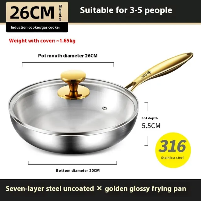 316 Stainless Steel Flat Non coated Frying Pan 26Cm Frying Pan With Lid - Shop at LoveMi