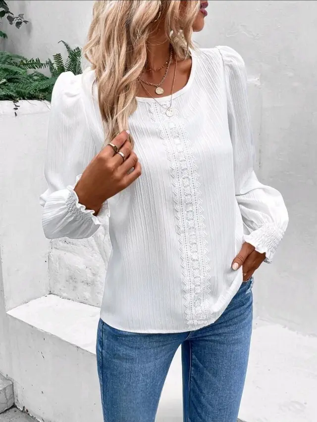 Women's Round Neck Lace Trim Versatile Slimming Top White - Shop at LoveMi
