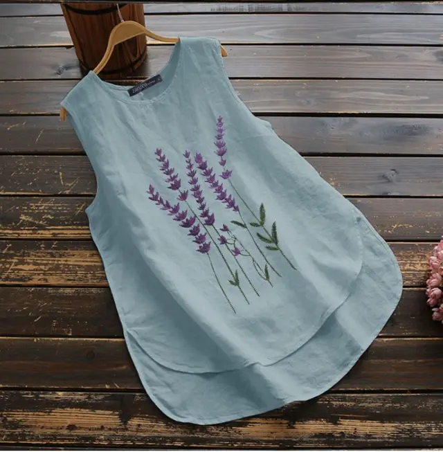 Summer Embroidered Sleeveless Crew Neck Casual Vest Women's Cotton And Linen Top Light Blue - Shop at LoveMi