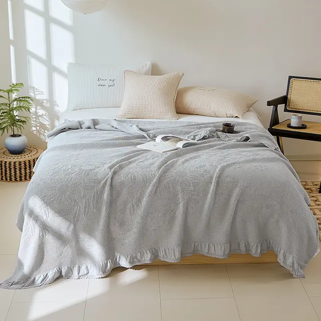 Cotton Waffle Embossed Dark Pattern Towel Blanket Gray Branch Flower - Shop at LoveMi