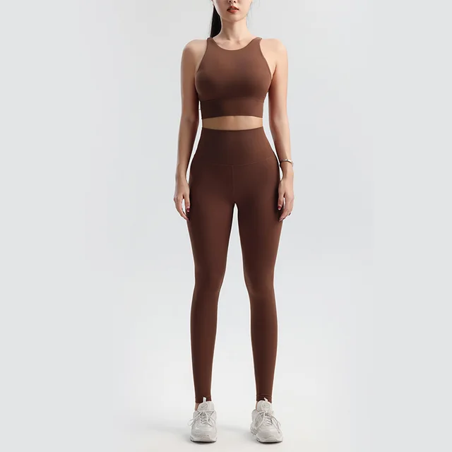 Lightweight Nude Feel Yoga Pants Suit High Waist Peach Hip Raise Fitness Pants Brown - Shop at LoveMi