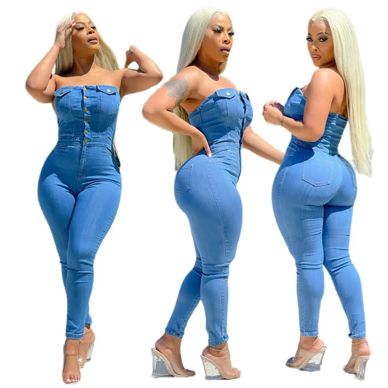 Tube Top Off-shoulder Slim Fit Denim Jumpsuit - Light Blue