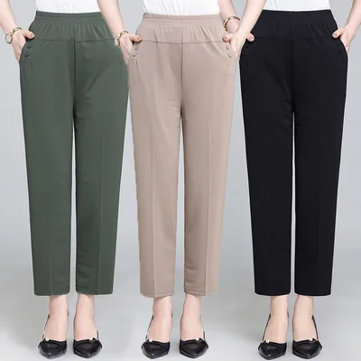 Summer Ice Silk Thin Casual Straight leg Cropped Pants Apricot Black Green - Shop at LoveMi