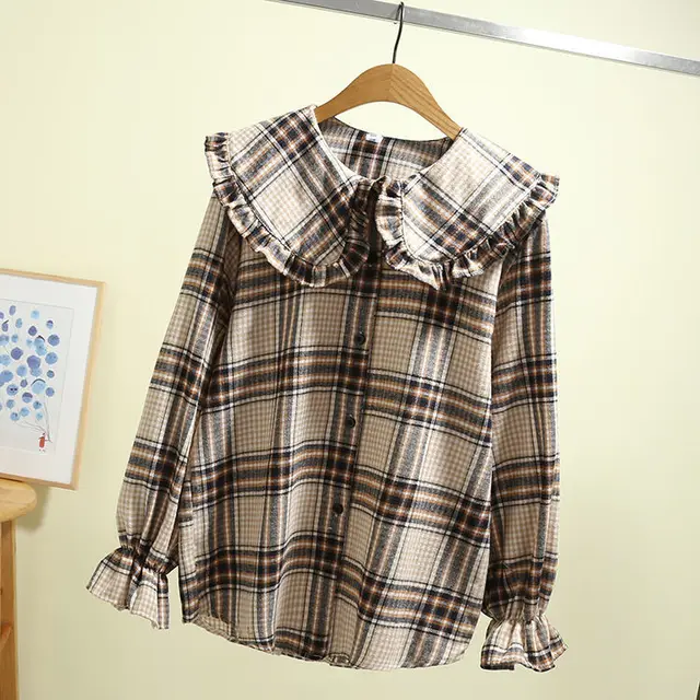 Long Sleeve Inner Wear Korean Loose Cotton Doll Collar Jacket Big Doll Collar Apricot Plaid - Shop at LoveMi