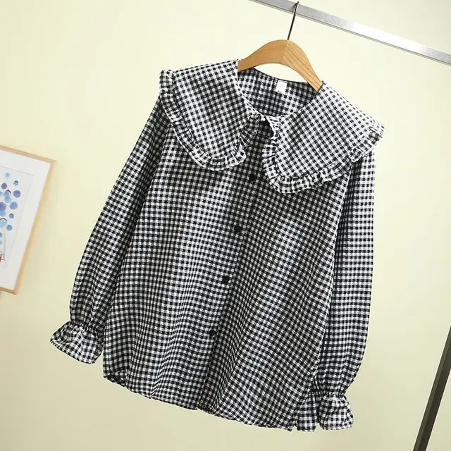 Long Sleeve Inner Wear Korean Loose Cotton Doll Collar Jacket Big Doll Collar Black Plaid - Shop at LoveMi