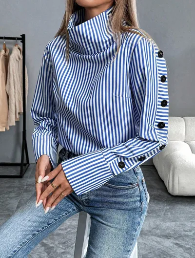 Striped Urban Casual Thin Long sleeved Shirt Blue - Shop at LoveMi