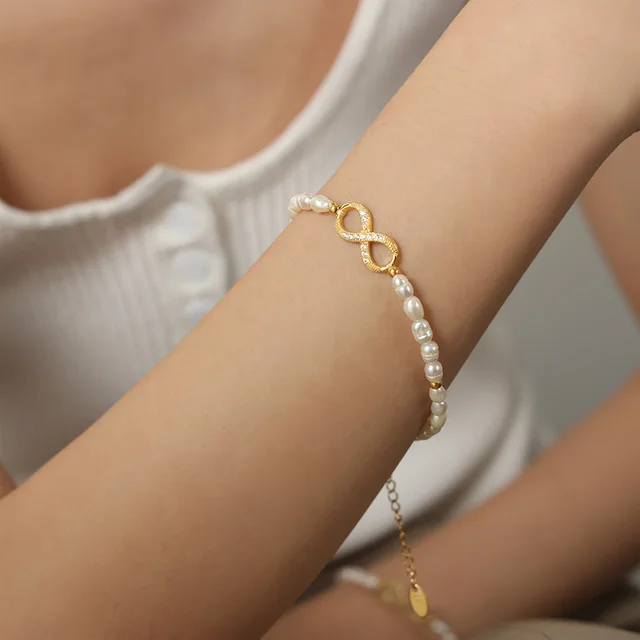 French Ins Cool Style Elegant Gentle Ornament Freshwater Pearl 8 word Diamond embedded Copper Pendant E056 Gold Bracelet - Shop at LoveMi