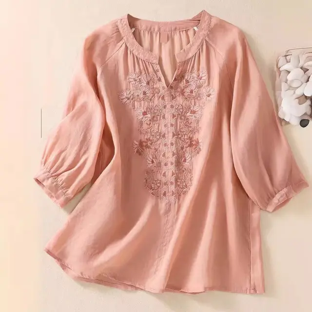 Women's Cotton And Linen Three quarter Sleeve Embroidered Top Peach - Shop at LoveMi