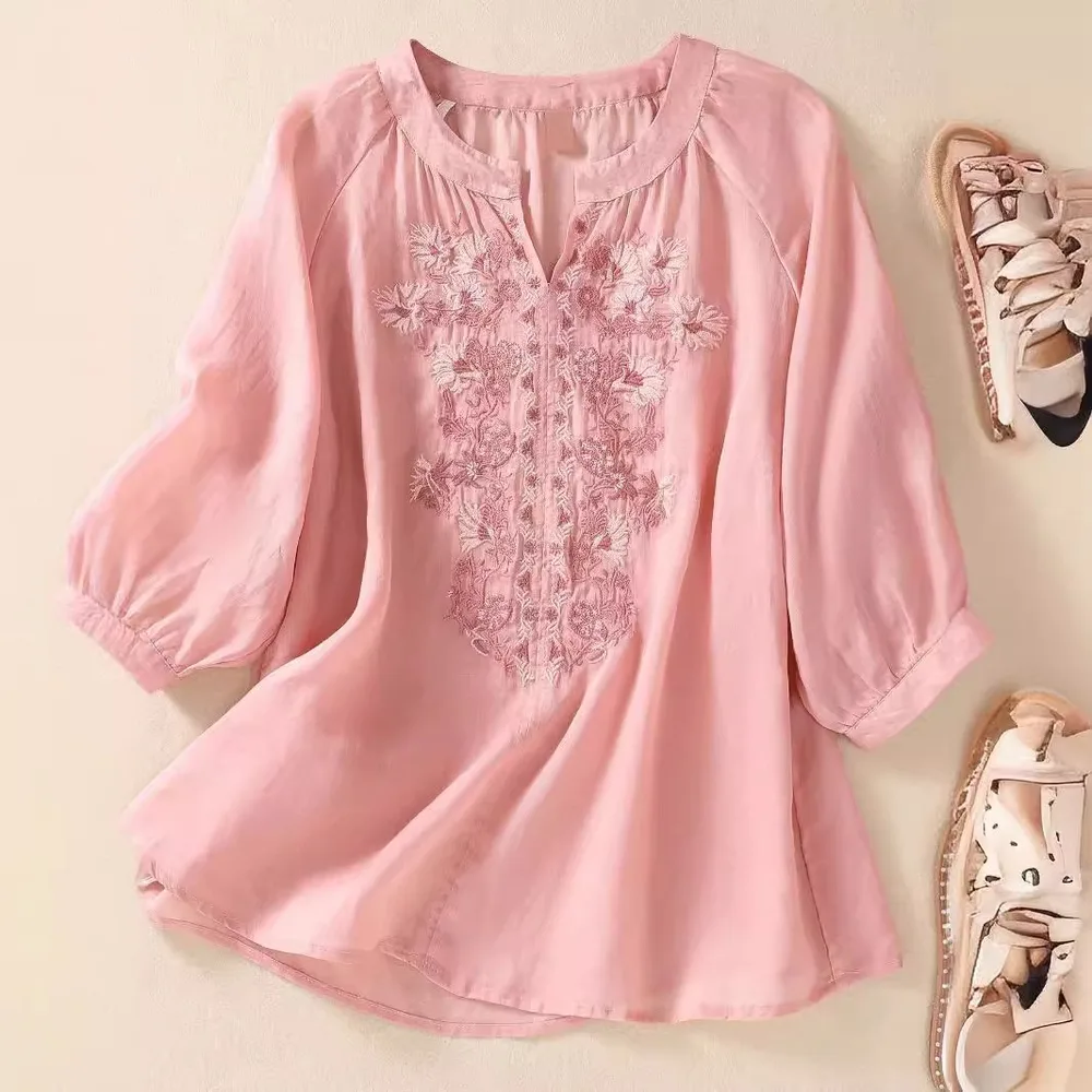 Women's Cotton And Linen Three quarter Sleeve Embroidered Top Pink - Shop at LoveMi