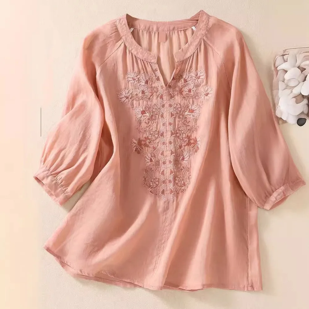 Women's Cotton And Linen Three quarter Sleeve Embroidered Top Red - Shop at LoveMi