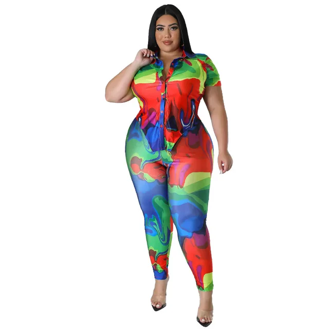 Plus Size Women's Printed Summer Short Sleeve Trousers Red - Shop at LoveMi