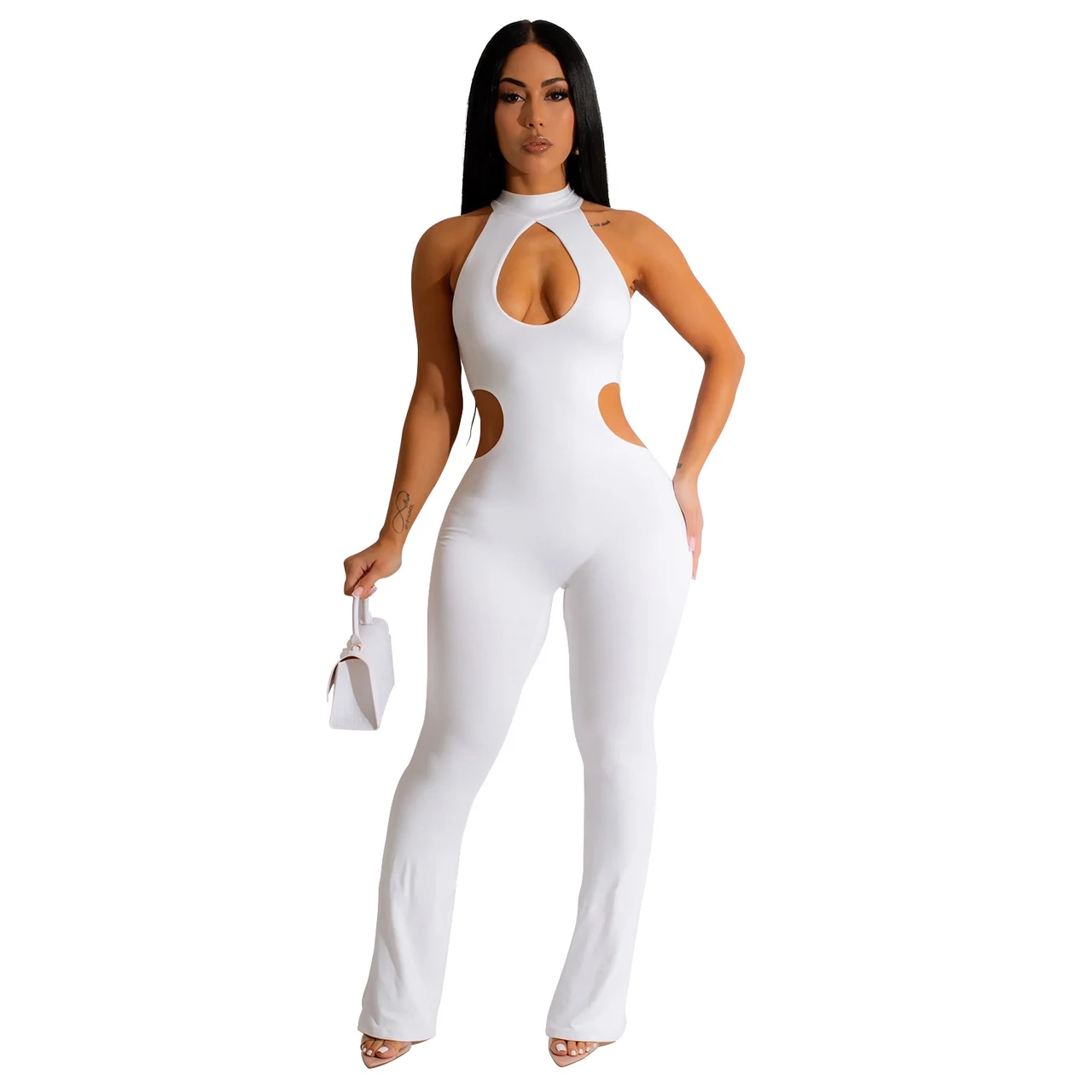 Women's Solid Colour Sexy Halter Hollow-out Jumpsuit - White