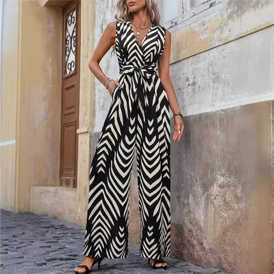Fashionable High Waist Lace up Wide Leg Jumpsuit For Women Apricot On Black Background - Shop at LoveMi