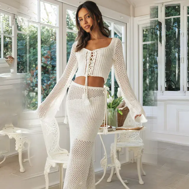Women's Solid Color Knitted Hollow out Swimsuit Outer Wear Suit White - Shop at LoveMi