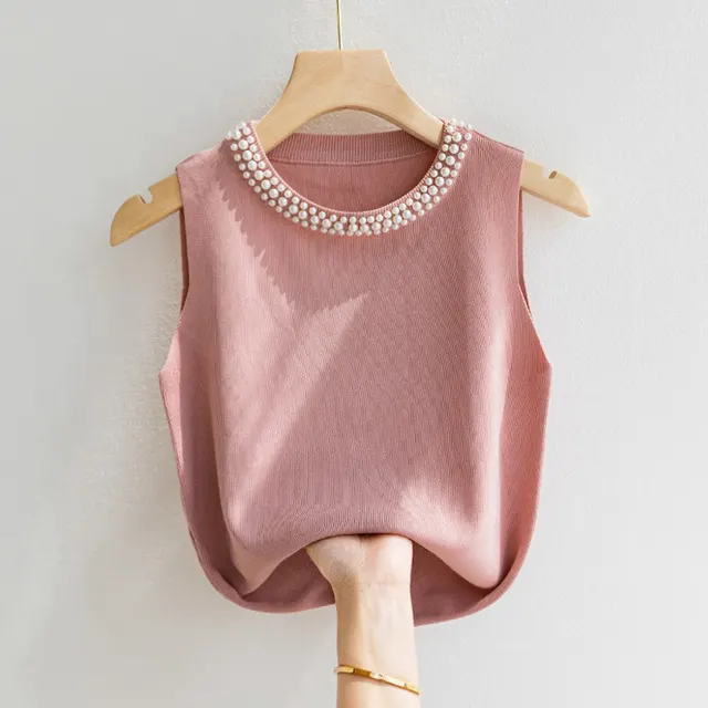 Women's Casual Beaded Kafuu Knitted Camisole Pink - Shop at LoveMi