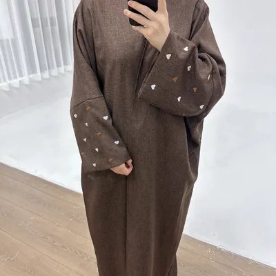 Love Embroidered DUBAI Turkish Elegant Cardigan Robe Coffee Color Headscarf - Shop at LoveMi